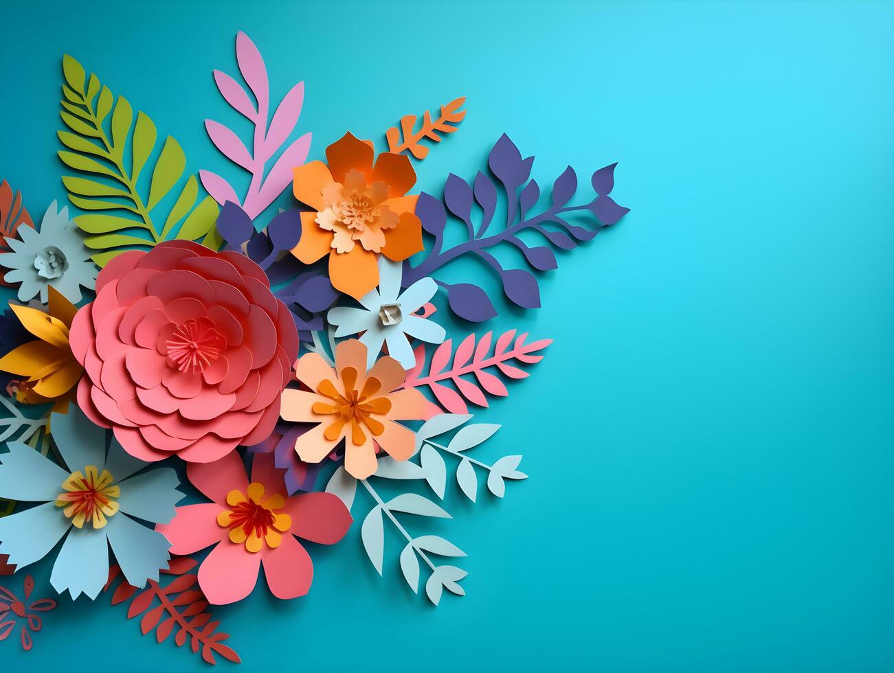 AI generated Top view of colorful paper cut flowers with green leaves on blue background with copy space. photo