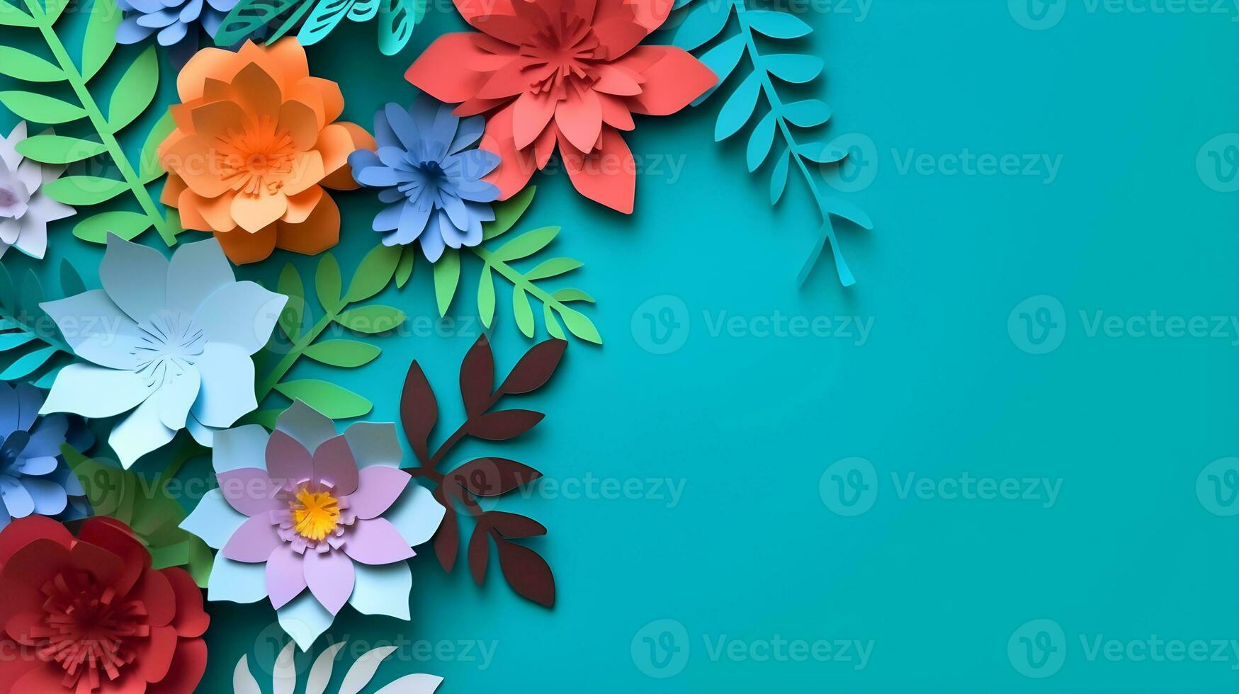 AI generated Top view of colorful paper cut flowers with green leaves on blue background with copy space. photo