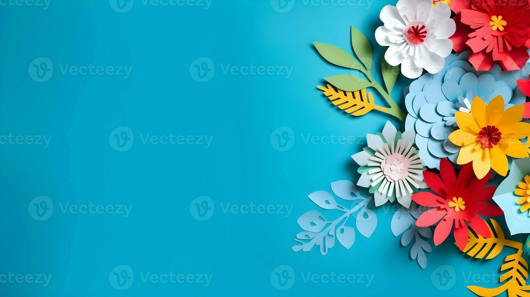 AI generated Top view of colorful paper cut flowers with green leaves on blue background with copy space. photo