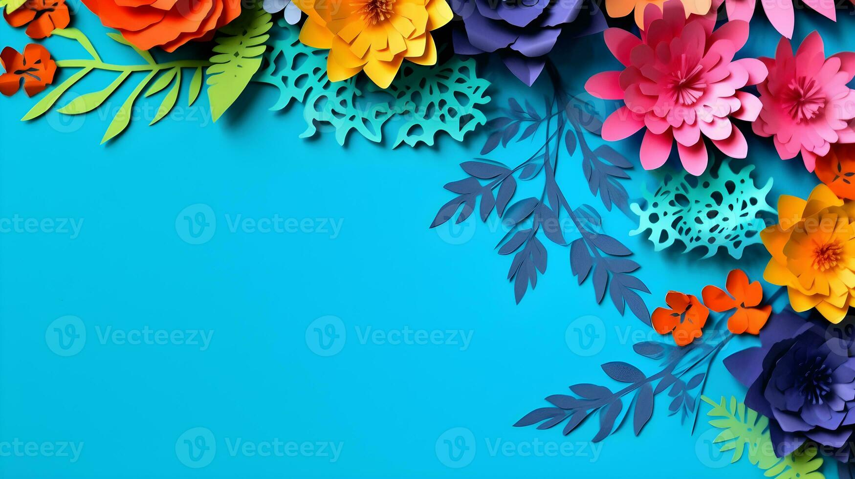 AI generated Top view of colorful paper cut flowers with green leaves on blue background with copy space. photo