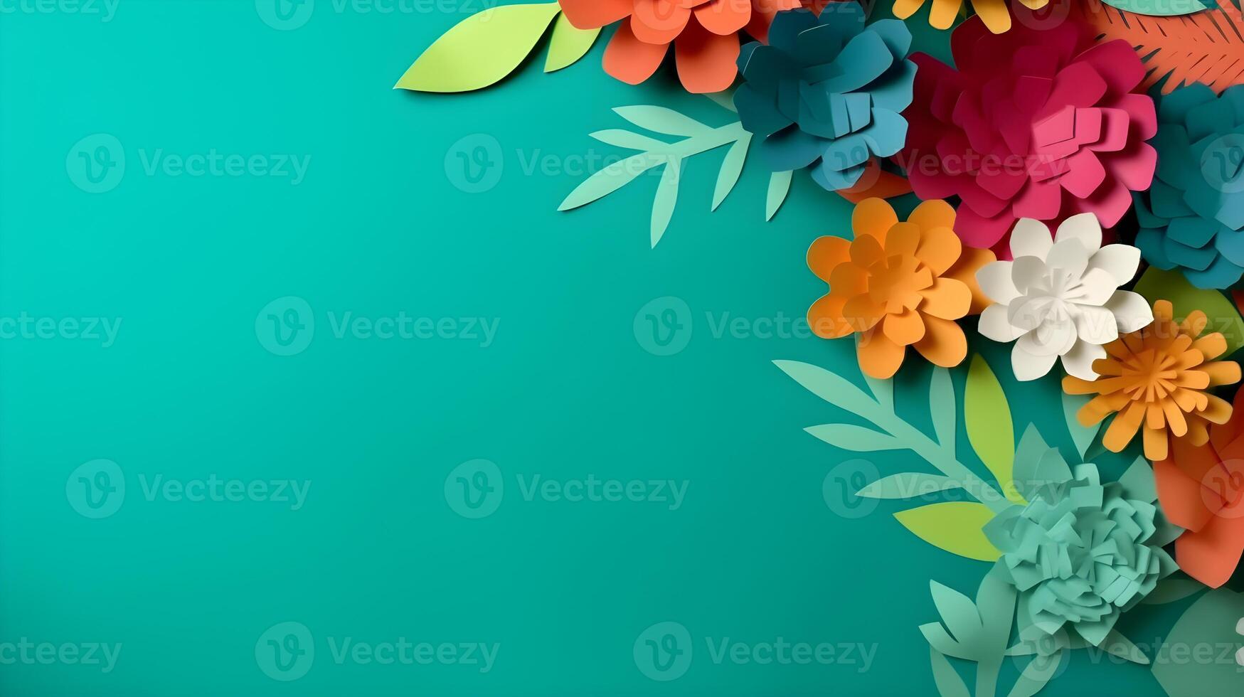 AI generated Top view of colorful paper cut flowers with green leaves on blue background with copy space. photo