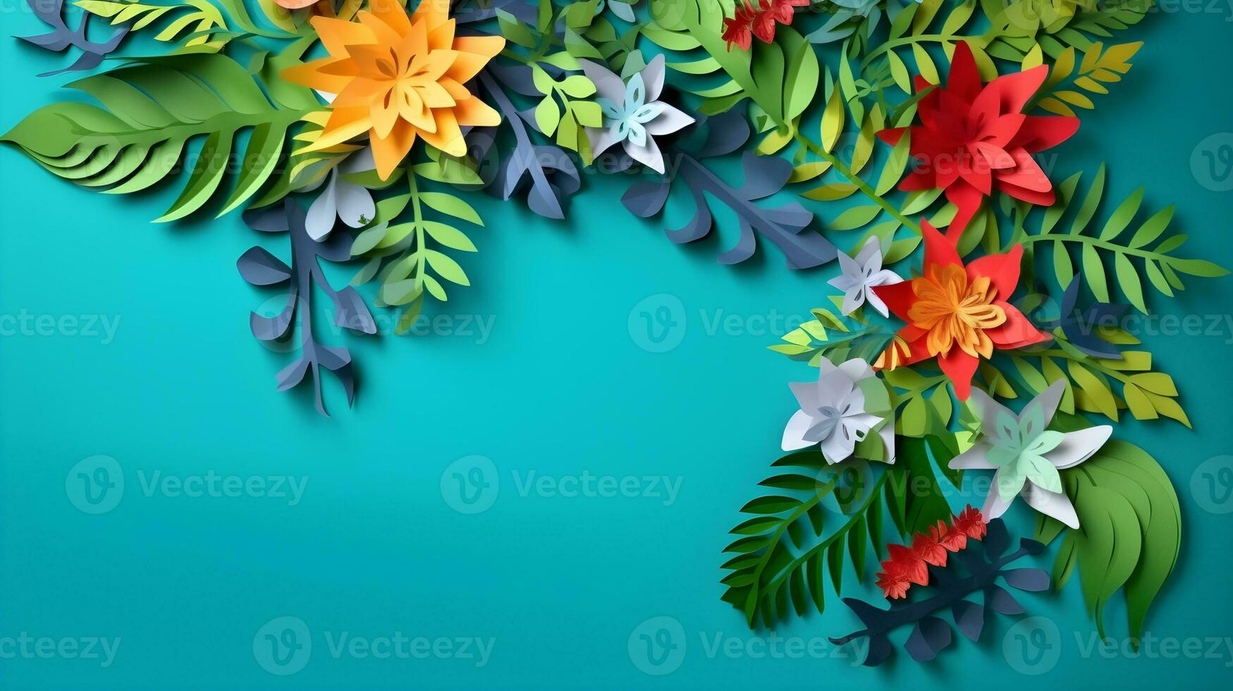 AI generated Top view of colorful paper cut flowers with green leaves on blue background with copy space. photo