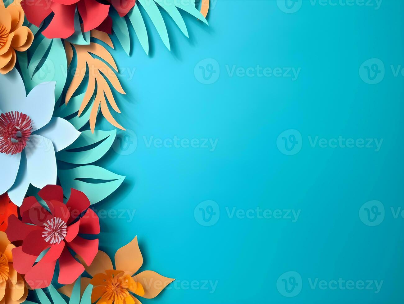 AI generated Top view of colorful paper cut flowers with green leaves on blue background with copy space. photo