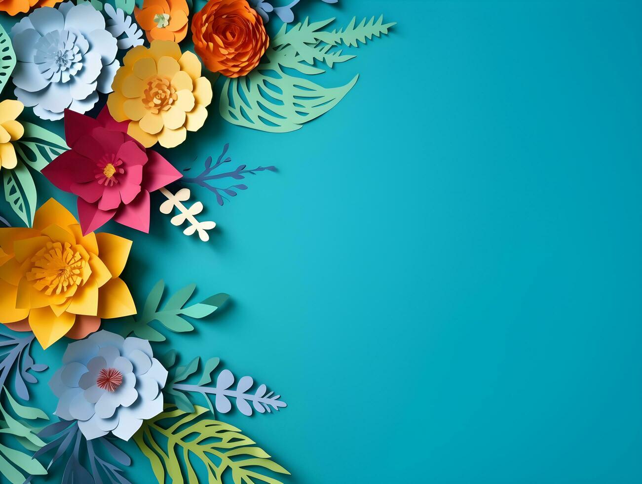 AI generated Top view of colorful paper cut flowers with green leaves on blue background with copy space. photo