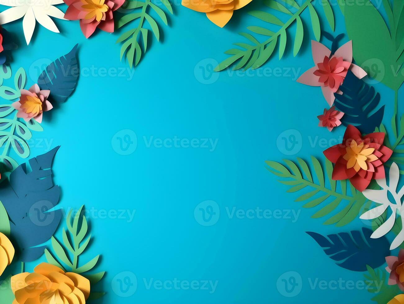 AI generated Top view of colorful paper cut flowers with green leaves on blue background with copy space. photo