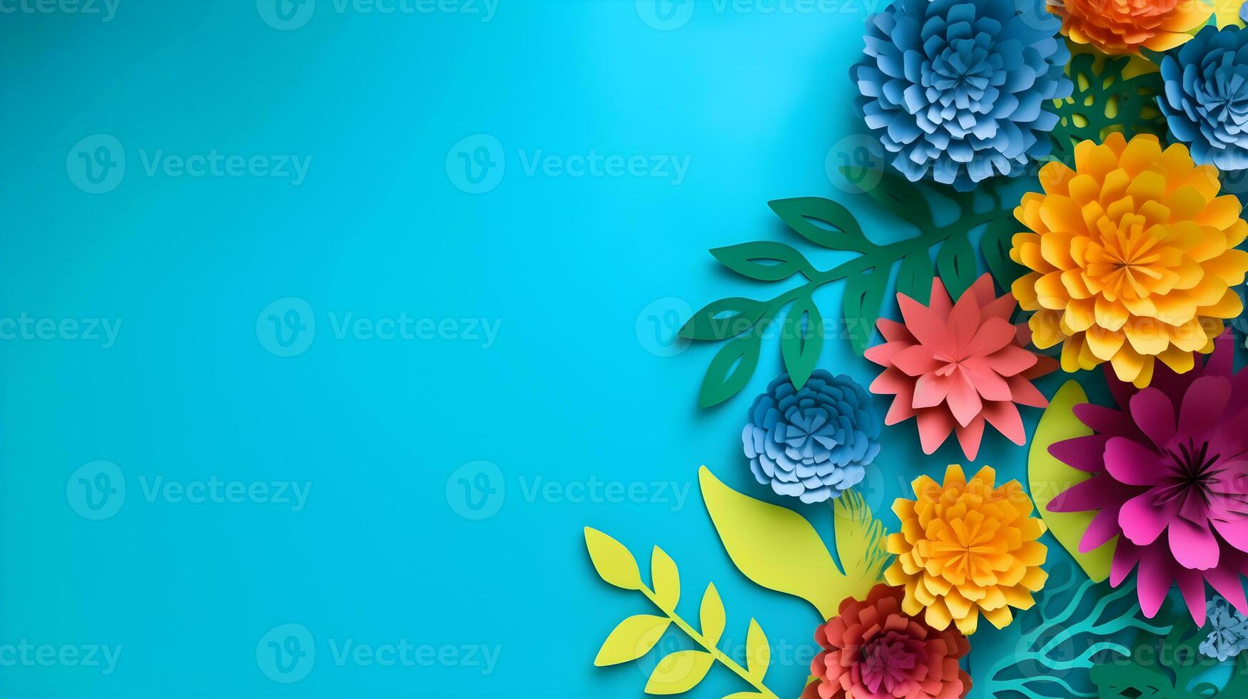 AI generated Top view of colorful paper cut flowers with green leaves on blue background with copy space. photo