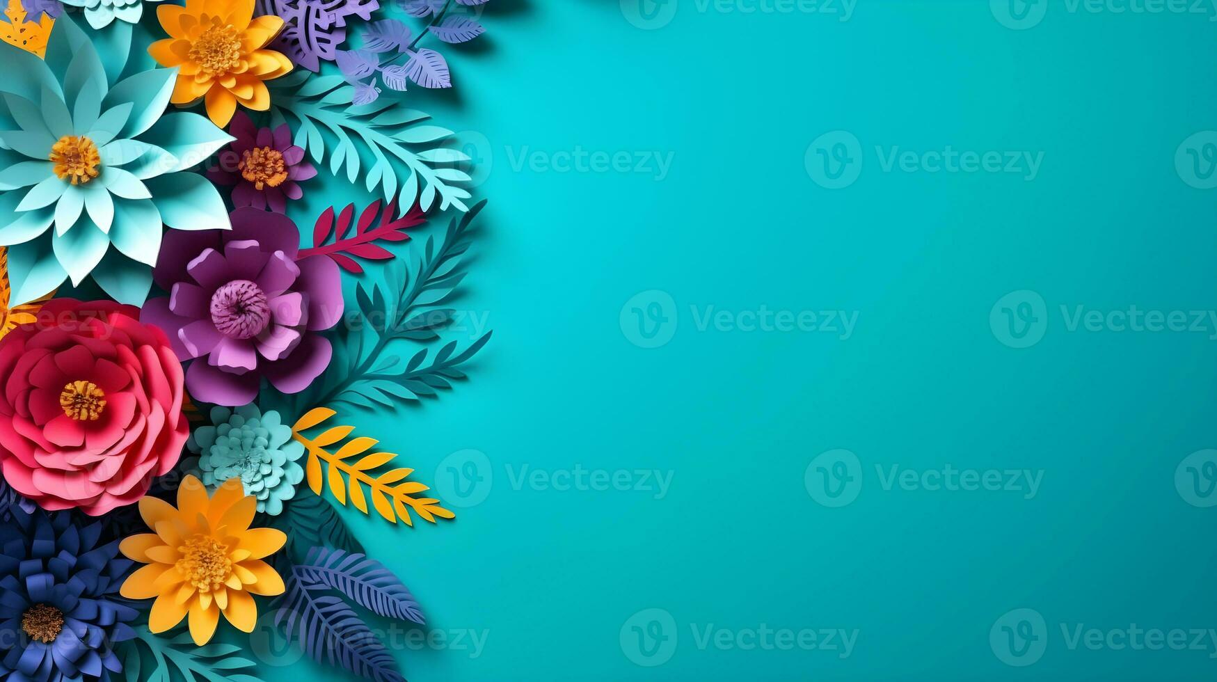 AI generated Top view of colorful paper cut flowers with green leaves on blue background with copy space. photo