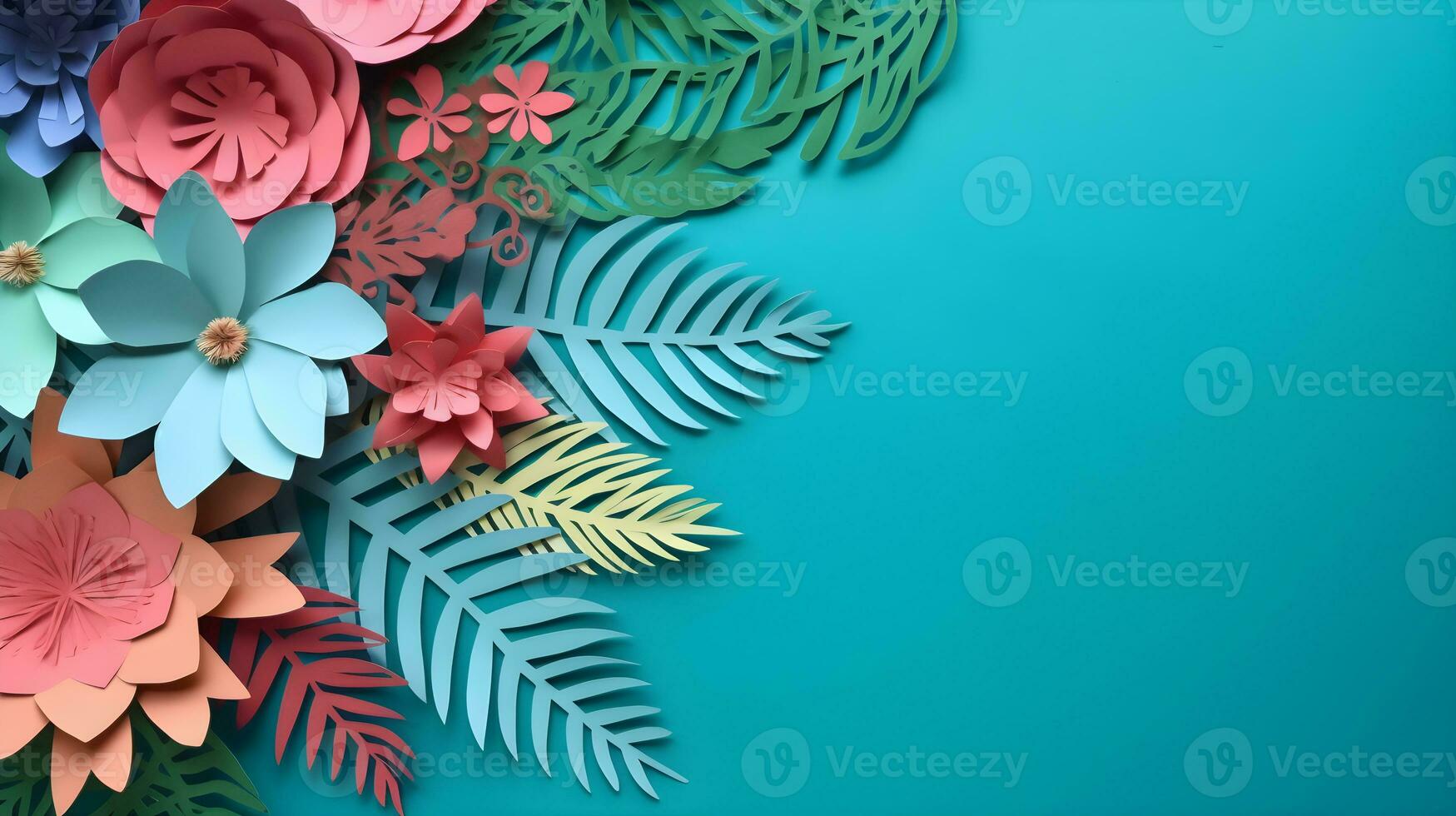 AI generated Top view of colorful paper cut flowers with green leaves on blue background with copy space. photo