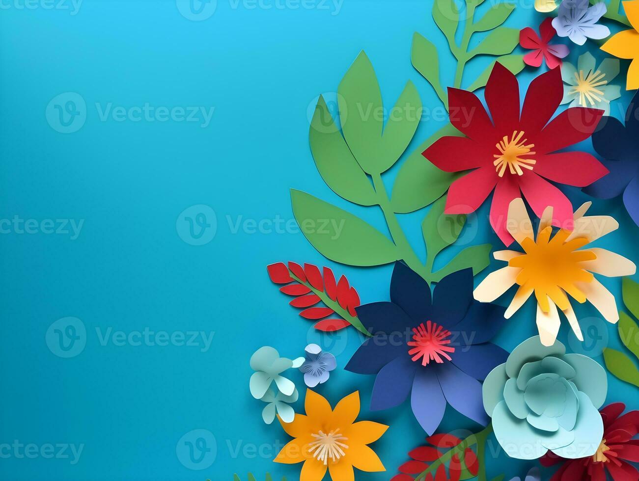 AI generated Top view of colorful paper cut flowers with green leaves on blue background with copy space. photo