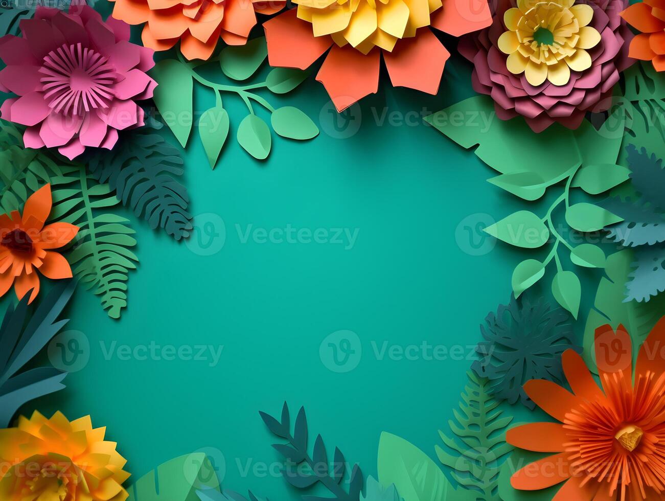 AI generated Top view of colorful paper cut flowers with green leaves on blue background with copy space. photo