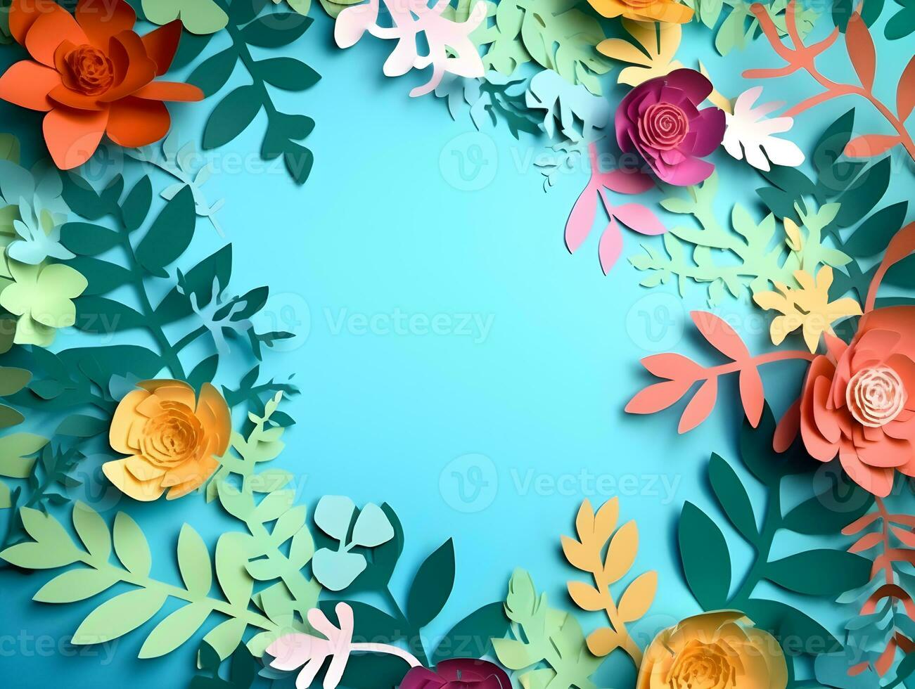 AI generated Top view of colorful paper cut flowers with green leaves on blue background with copy space. photo