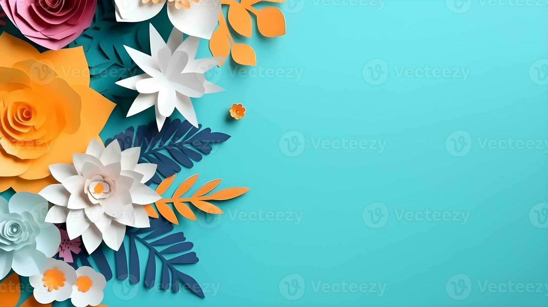 AI generated Top view of colorful paper cut flowers with green leaves on blue background with copy space. photo