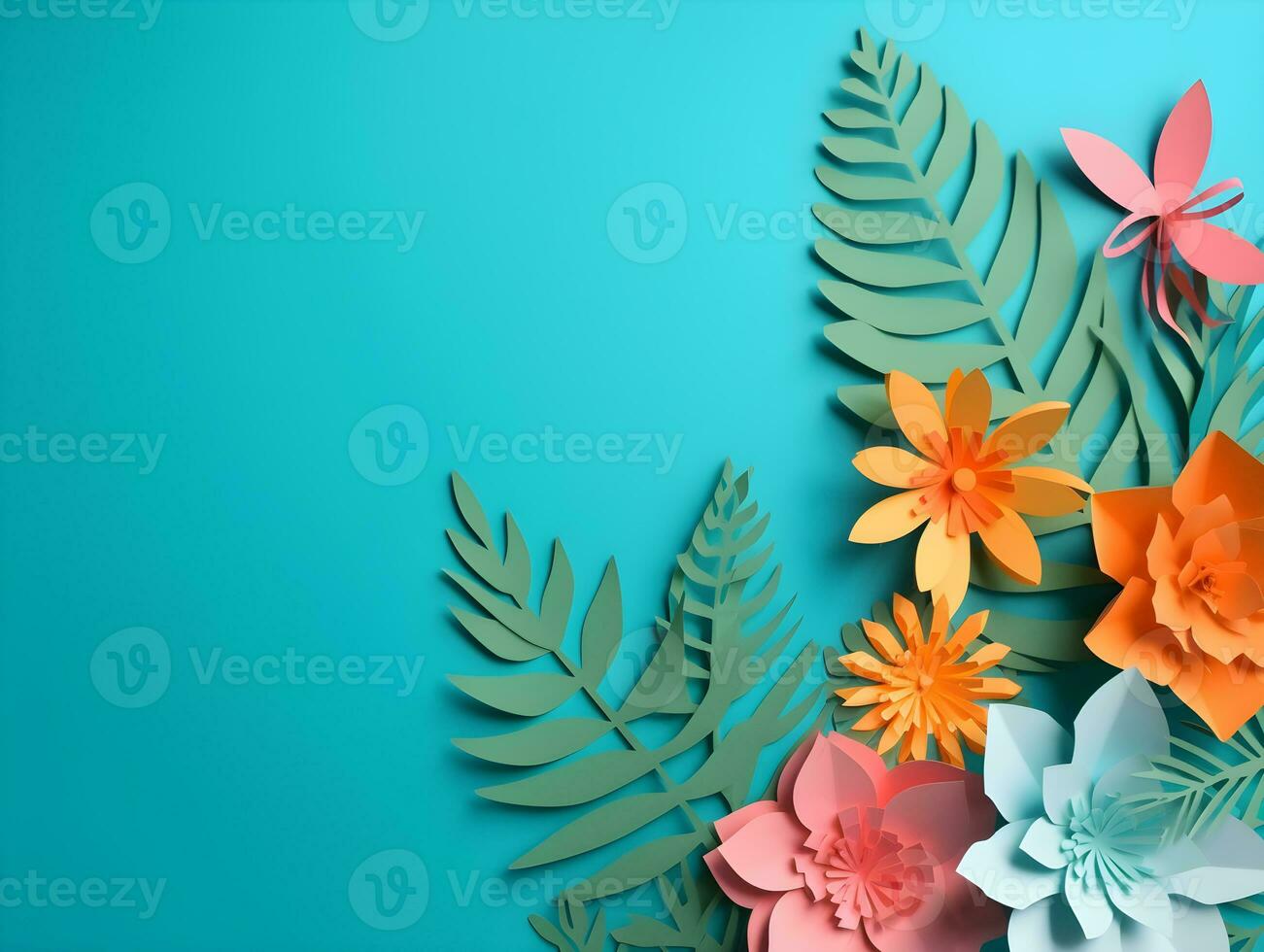 AI generated Top view of colorful paper cut flowers with green leaves on blue background with copy space. photo