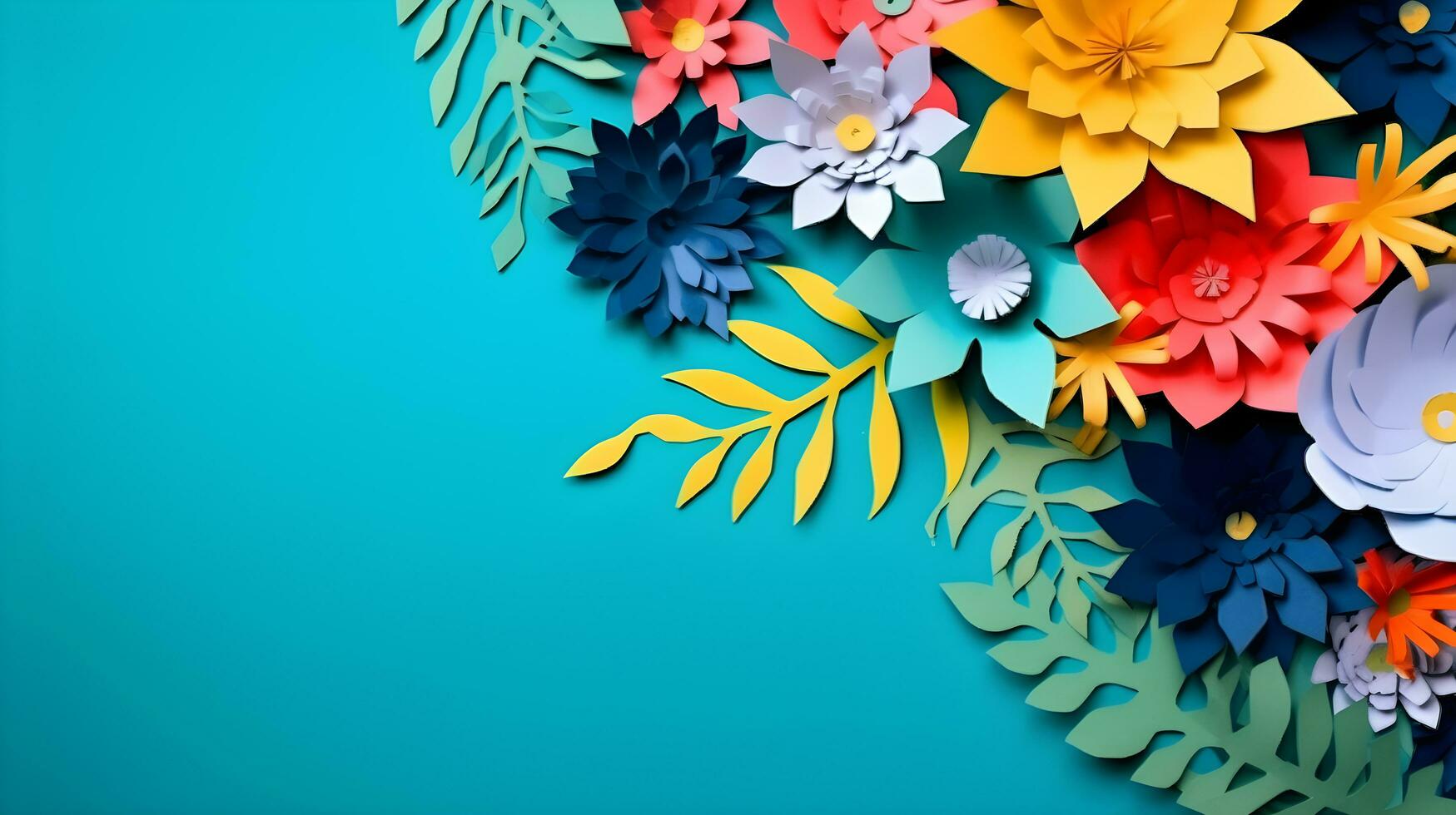 AI generated Top view of colorful paper cut flowers with green leaves on blue background with copy space. photo