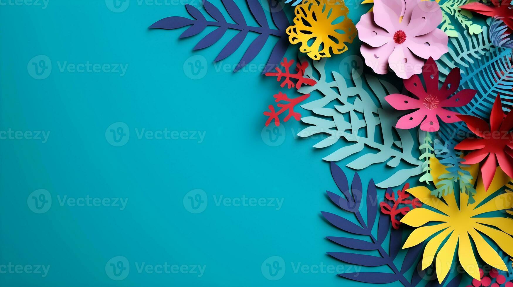 AI generated Top view of colorful paper cut flowers with green leaves on blue background with copy space. photo