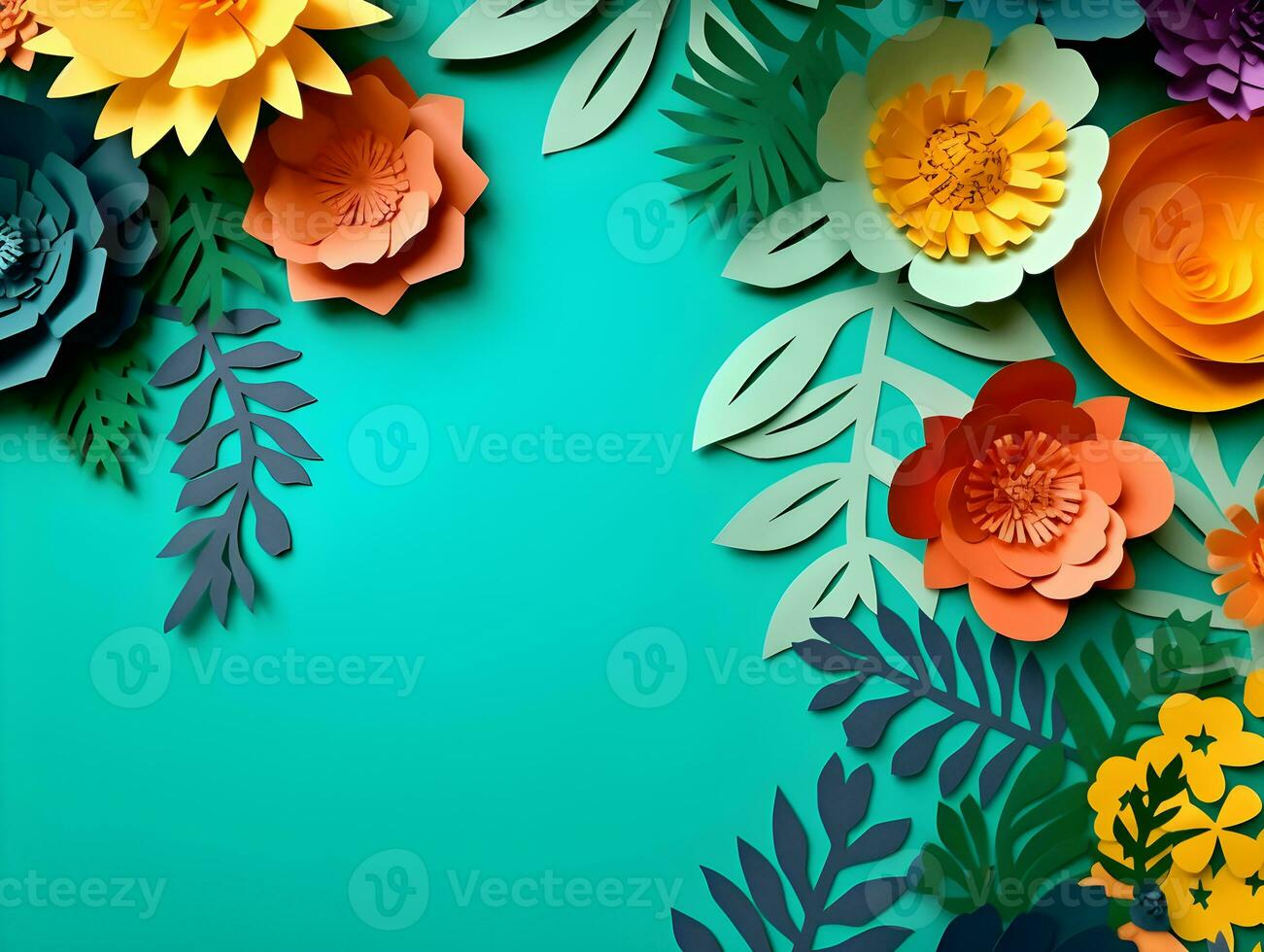 AI generated Top view of colorful paper cut flowers with green leaves on blue background with copy space. photo