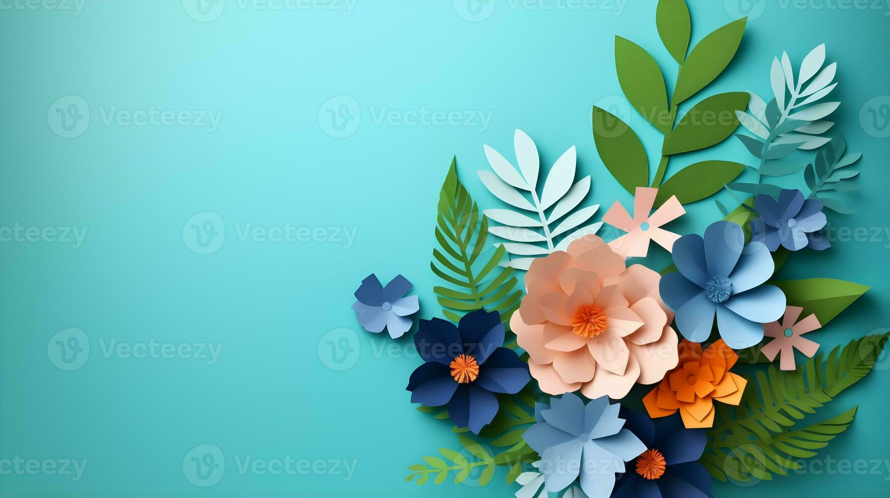 AI generated Top view of colorful paper cut flowers with green leaves on blue background with copy space. photo