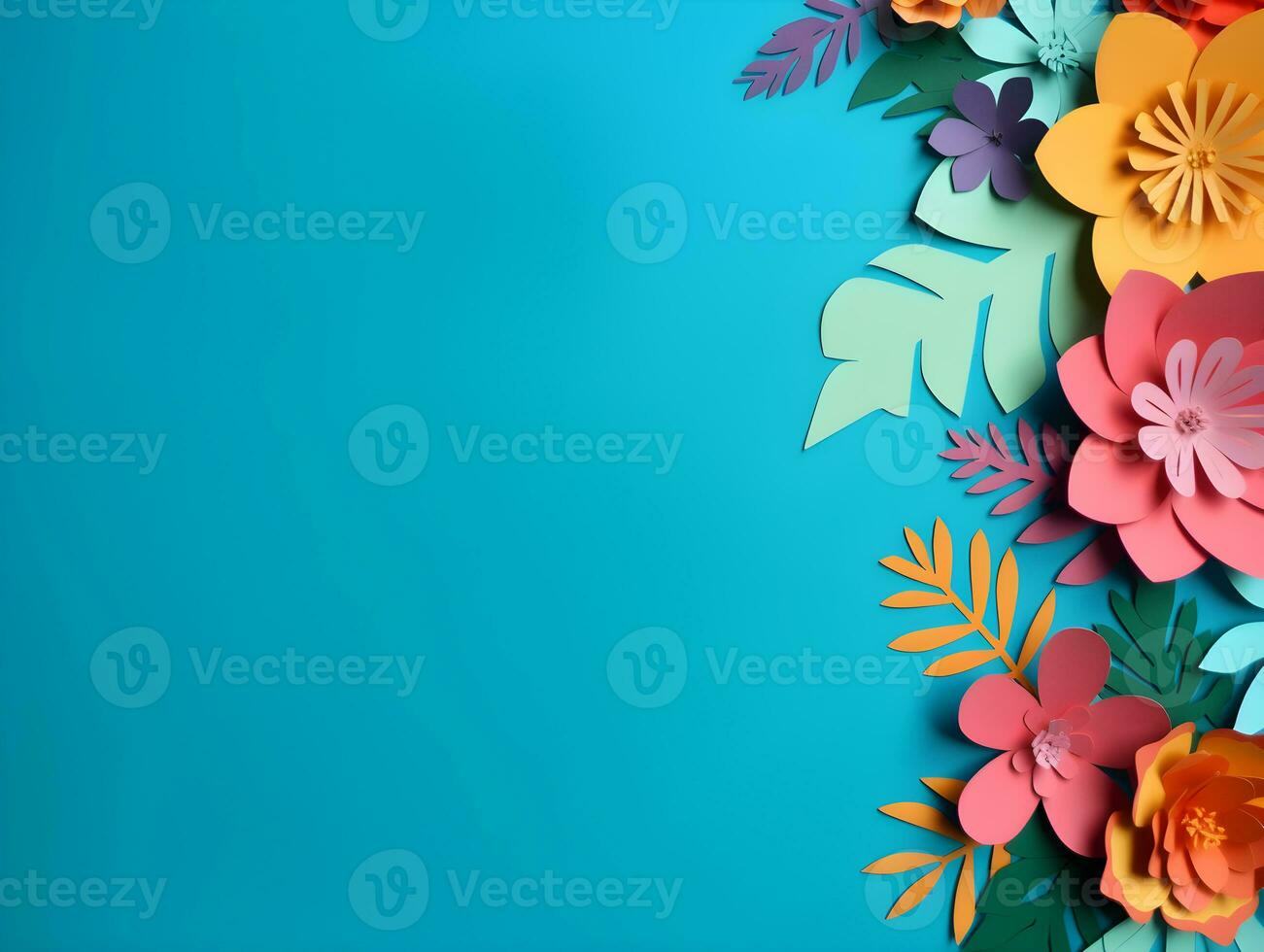 AI generated Top view of colorful paper cut flowers with green leaves on blue background with copy space. photo