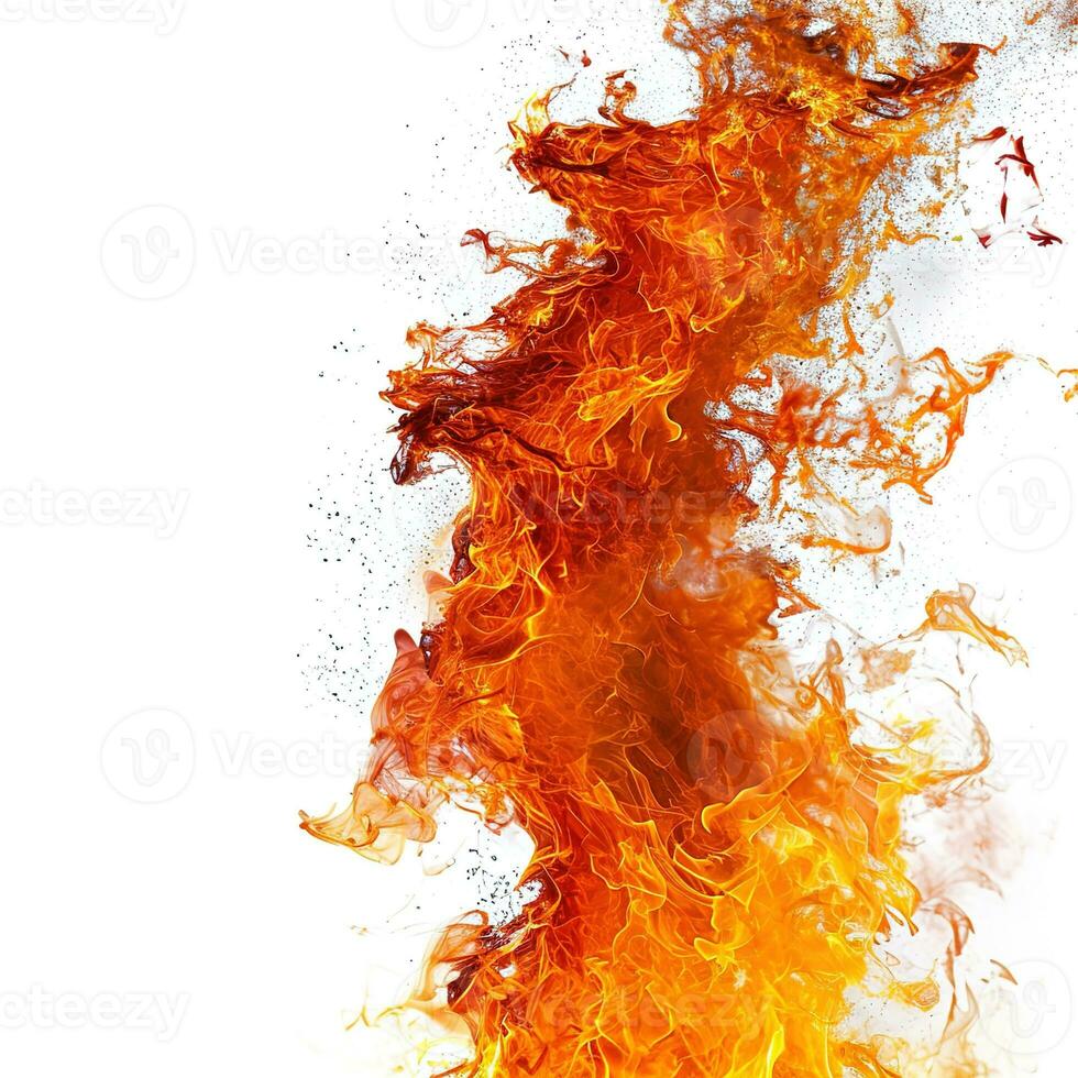 AI generated Bright orange and yellow fire flame, sharply contrasted against white - a symbol of power, heat, and natural energy, ideal for abstract and environmental themes photo