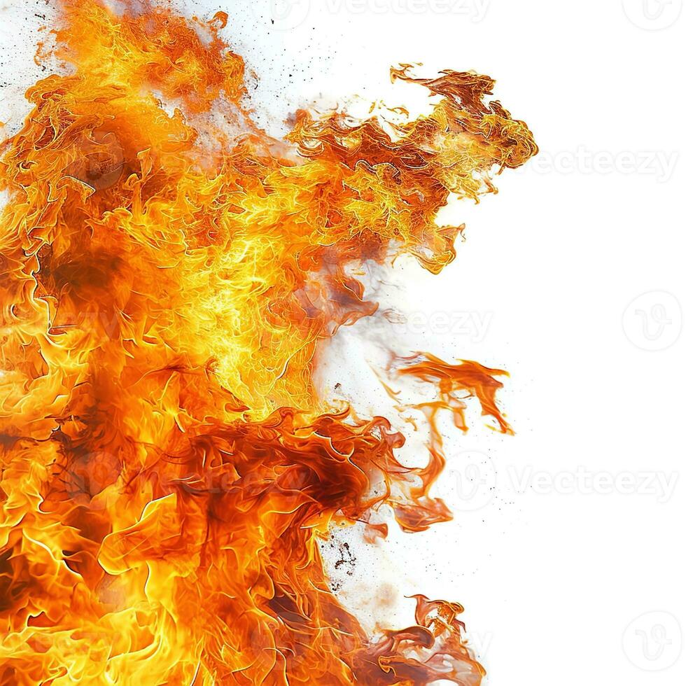 AI generated Bright orange and yellow fire flame, sharply contrasted against white - a symbol of power, heat, and natural energy, ideal for abstract and environmental themes photo