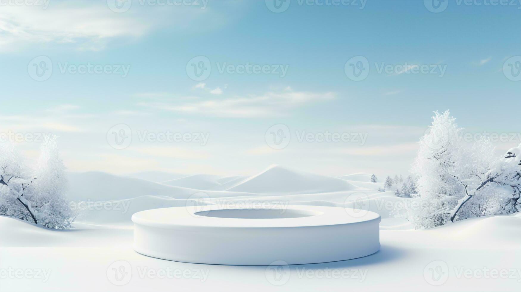 AI generated Snowy Backdrop in Tranquil Winter Wonderland - Ideal for Product Presentation on Elegant White Podium in Serene Snowscape, Winter Product Placement photo