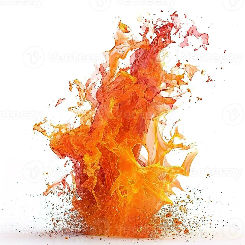 ai generado brillante naranja y amarillo fuego fuego, bruscamente contrastado en contra blanco - un símbolo de fuerza, calor, y natural energía, ideal para resumen y ambiental temas foto
