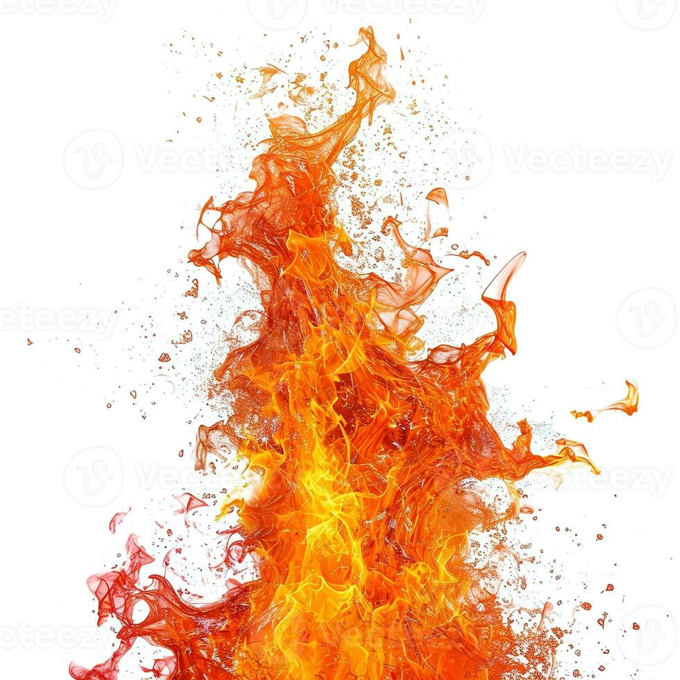 AI generated Bright orange and yellow fire flame, sharply contrasted against white - a symbol of power, heat, and natural energy, ideal for abstract and environmental themes photo