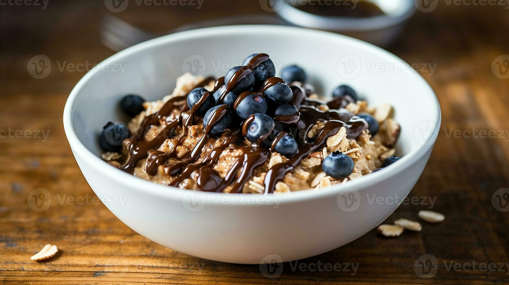 AI generated oat porridge with a drizzle of dark chocolate photo