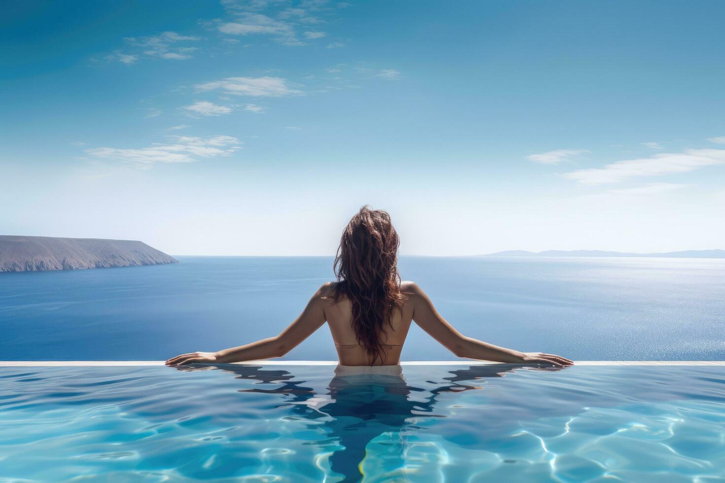 AI generated Beautiful woman is relaxing in an infinity pool back view photo