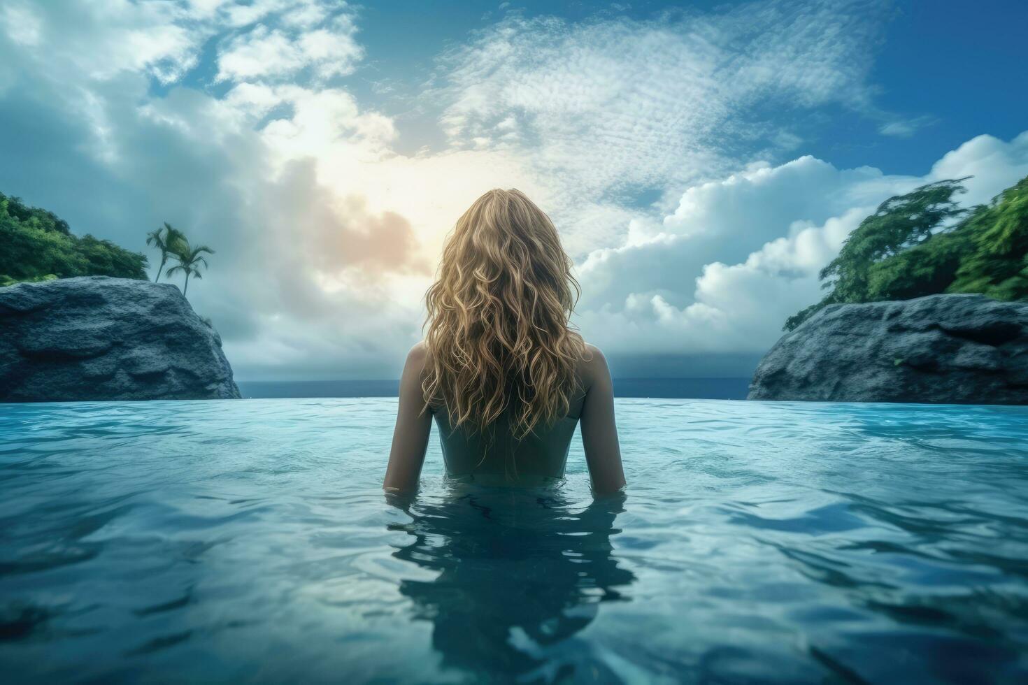 AI generated Beautiful woman is relaxing in an infinity pool back view photo