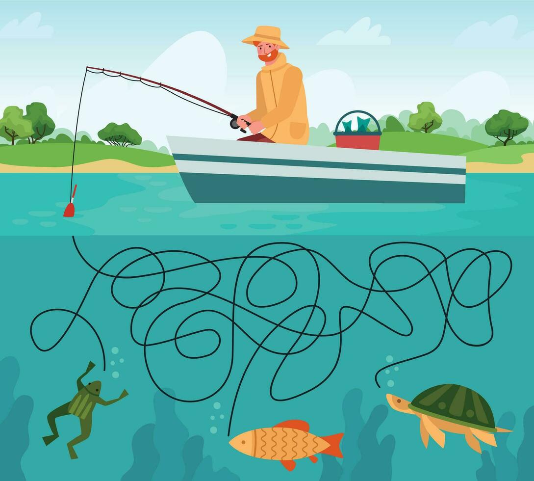 Fishing maze game. Funny fisherman with fishing rod in boat and fishes, educational game labyrinth for children, cartoon vector illustration