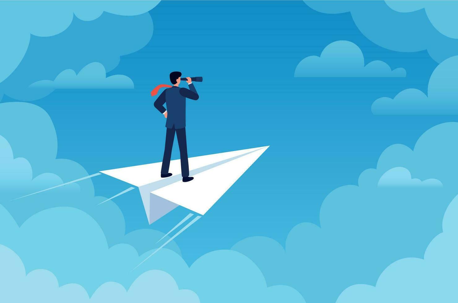Business vision. Businessman on paper plane with telescope looking new idea. Future strategy, leader and success job, flat vector concept