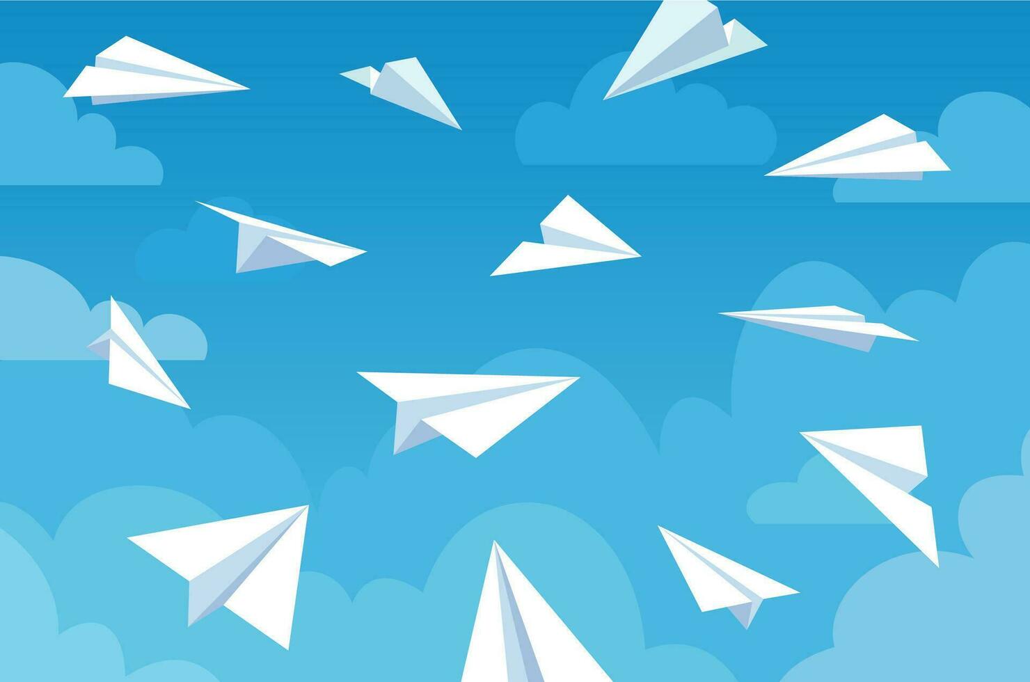Paper planes in blue sky. White flying airplanes in clouds from different angles and direction. Teamwork, message or travel vector concept