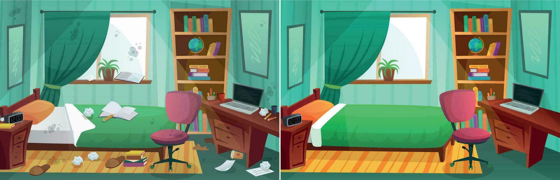 habitación antes de y después limpieza. comparación de sucio dormitorio y limpiar niño dormitorio. hogar después noticias Servicio vector