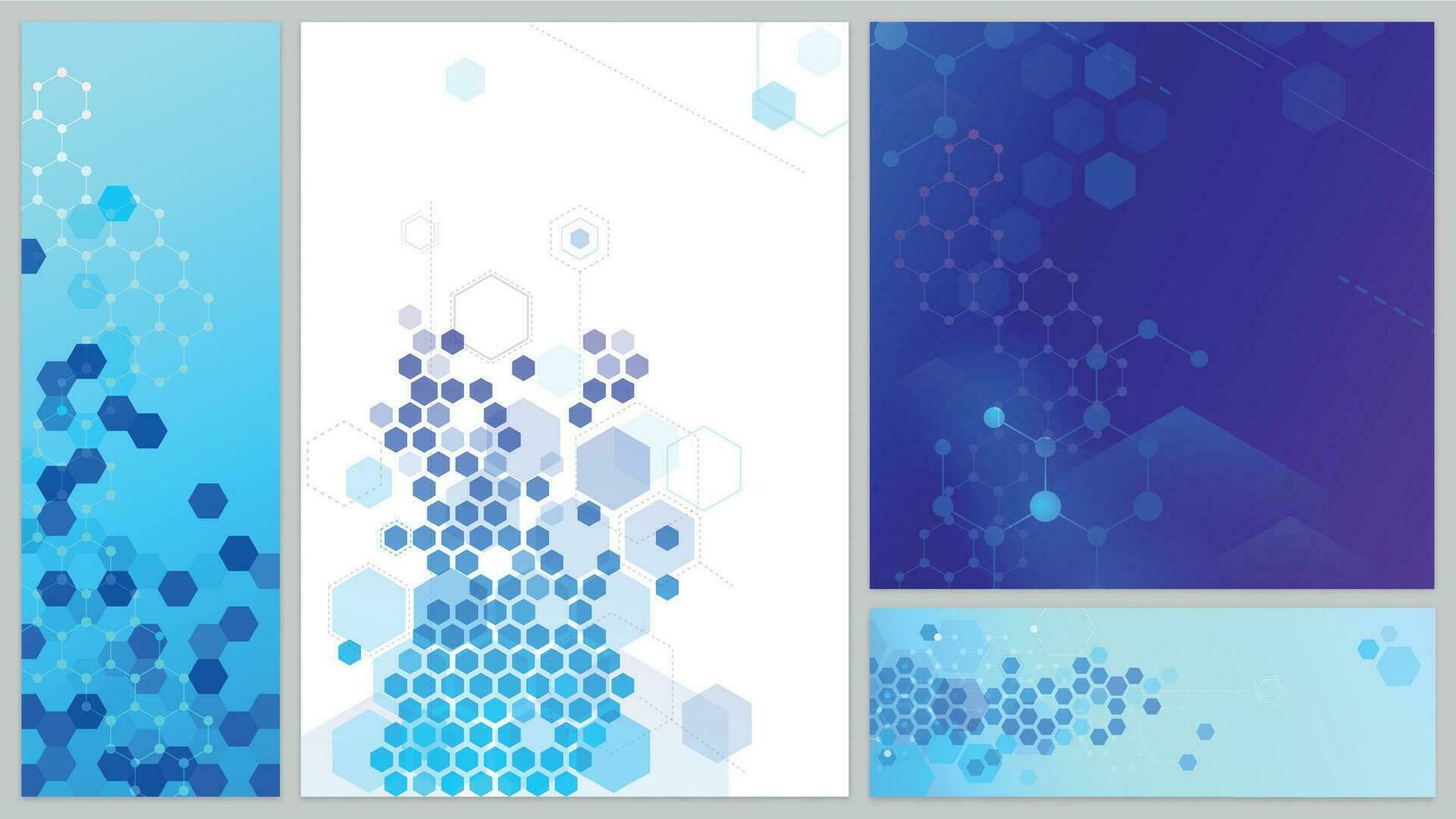 Molecular structure banners set. Connecting lines and dots, hexagons abstract tech background. Science network vector