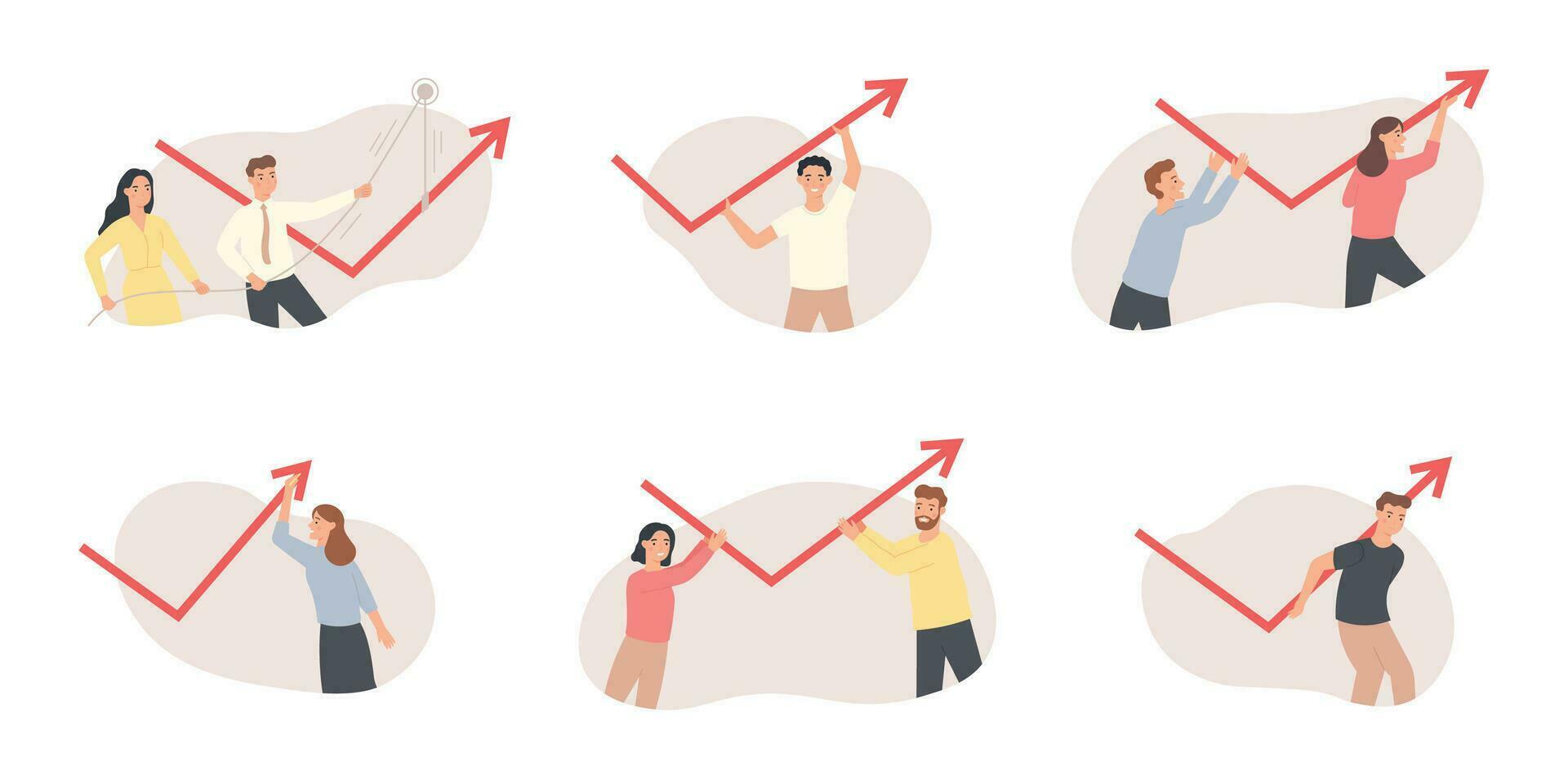 Crisis management. Financial arrow pushing upwards, market panic economic risks, business people change business direction vector set