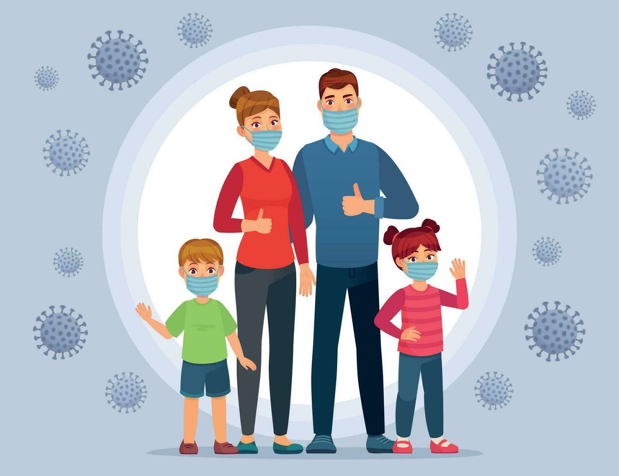 familia vistiendo coronavirus proteccion máscaras cara máscara para niños, proteger niño desde gripe y ncov virus. sano familia en cuarentena para evitar covid-19 vector ilustración