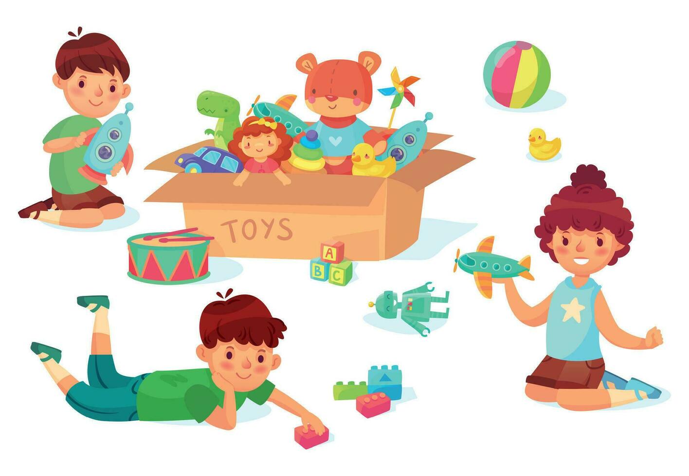 Children playing with toys. Boy holding rocket in hands, guy with bricks. Girl playing with airplane vector