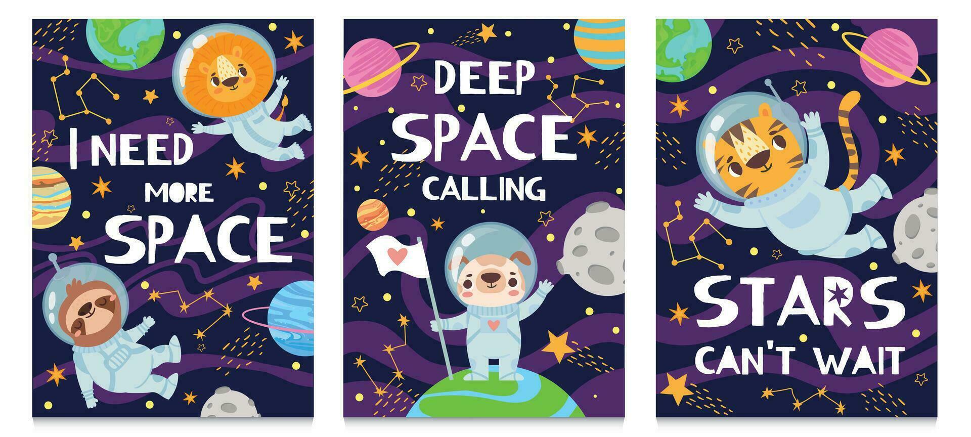 Animal in space. Hand drawn cute funny animals in space suit, futuristic poster with lettering, childrens print cartoon vector backgrounds