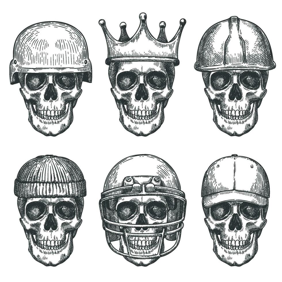 Skull in hats. Dead head characters with crown, baseball cap and helmets monochrome drawing art print for shirt design or tattoo vector set