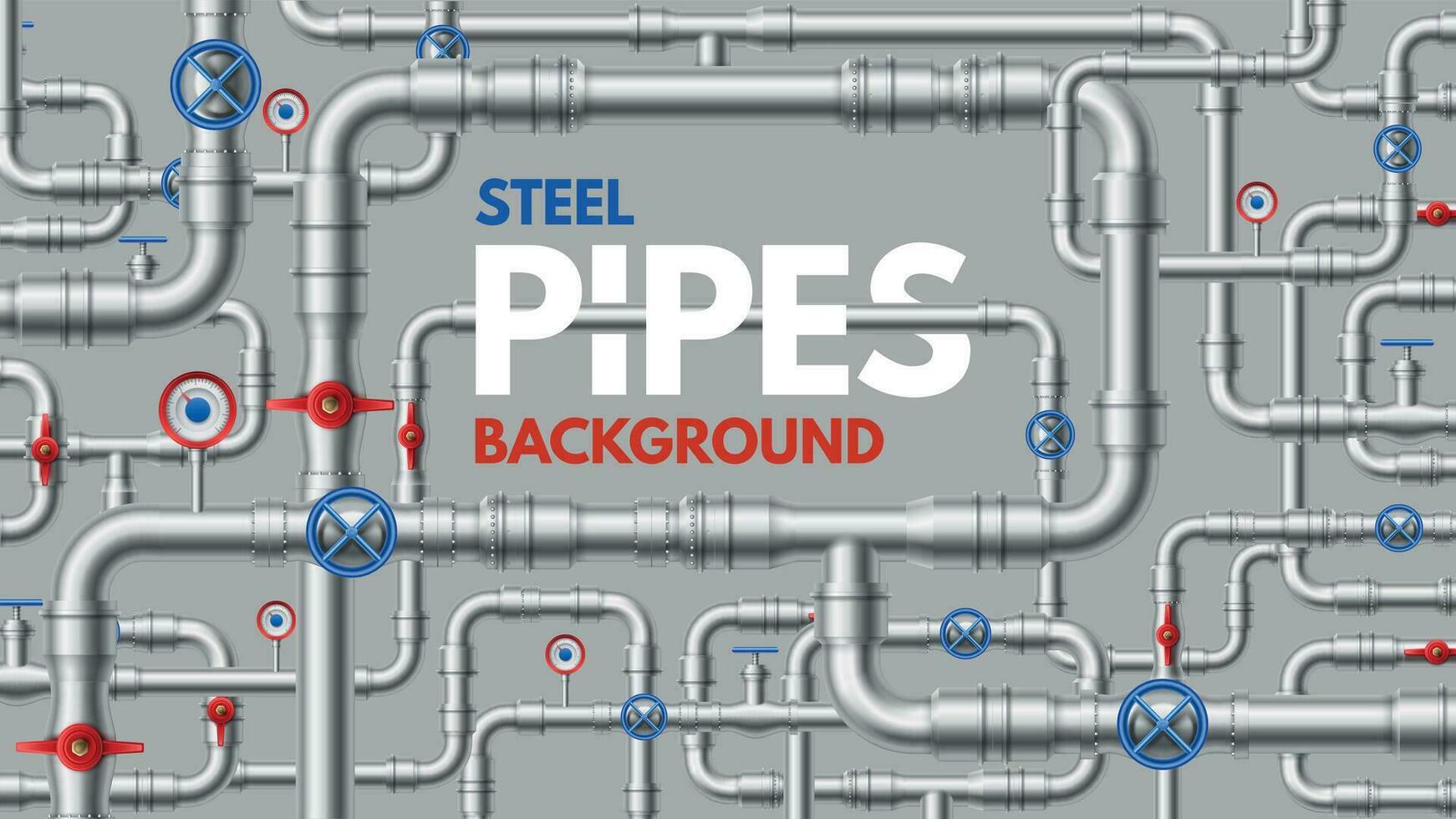 Metal pipelines. Industrial and home construction pipeline, connector fitting, flange and taps. Gas, water line or sewer vector background