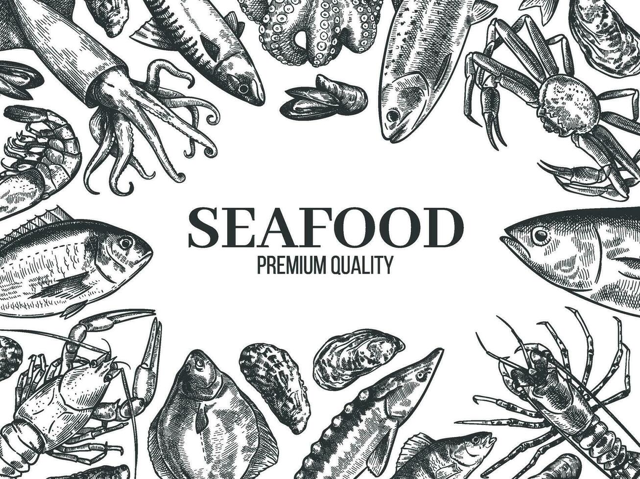 Sketch seafood. Hand drawn fresh fish, lobster, crab, oyster, mussel, squid and shrimps, vintage sketch restaurant menu vector background