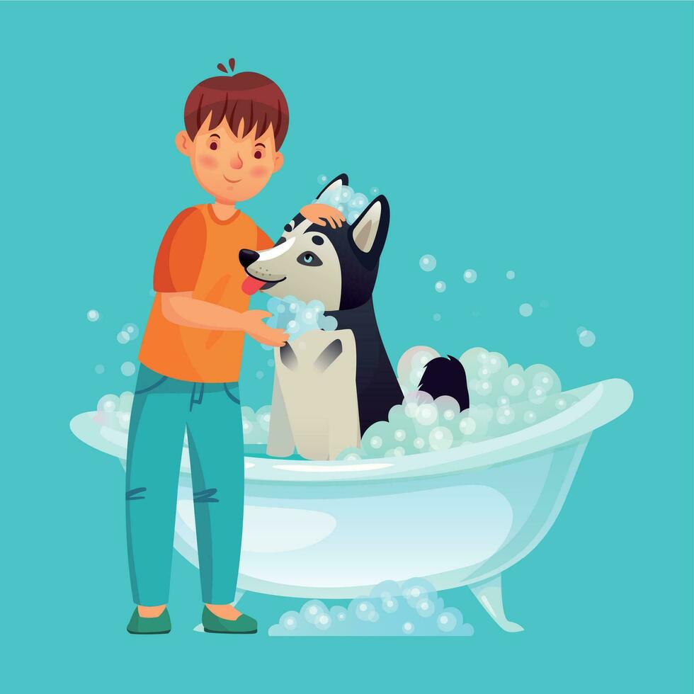 niño Lavado perro. mascota lavar en bañera vector