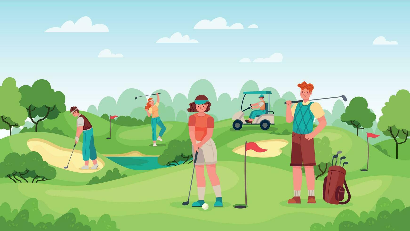 People playing golf. Golfers couple with golf clubs on green grass, bags with equipment and driving cart, sports outdoor vector concept.