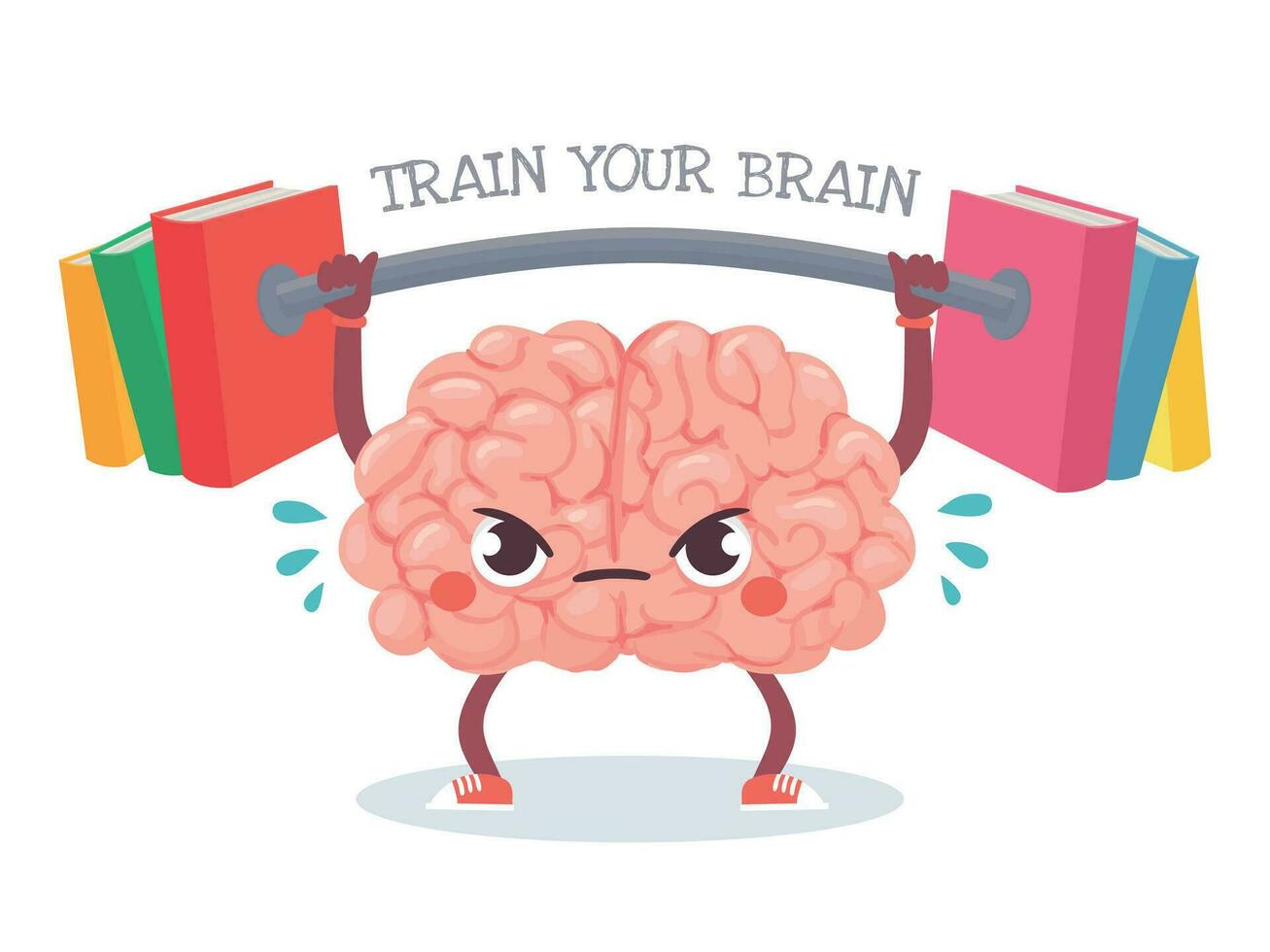 Brain training. Cartoon brain lifts weight with books. Train your memory, studying, learning and knowledge education vector concept