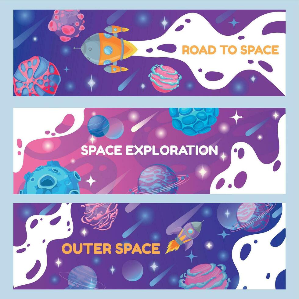 Space banners. Color horizontal posters templates with space objects and planet for presentation invitation cards, cover brochure vector set.