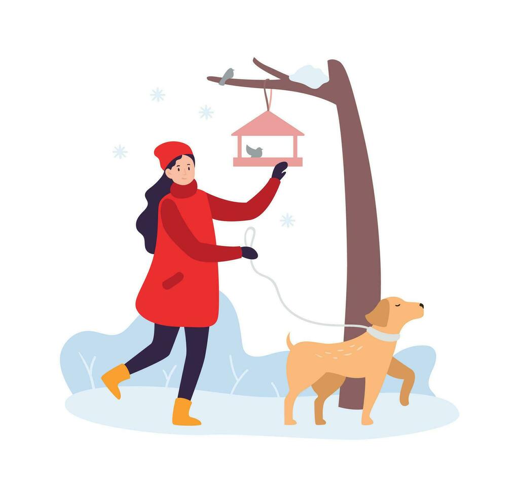 Winter activities. Girl walking with dog and feeding birds. Woman character in winter clothing with pet vector