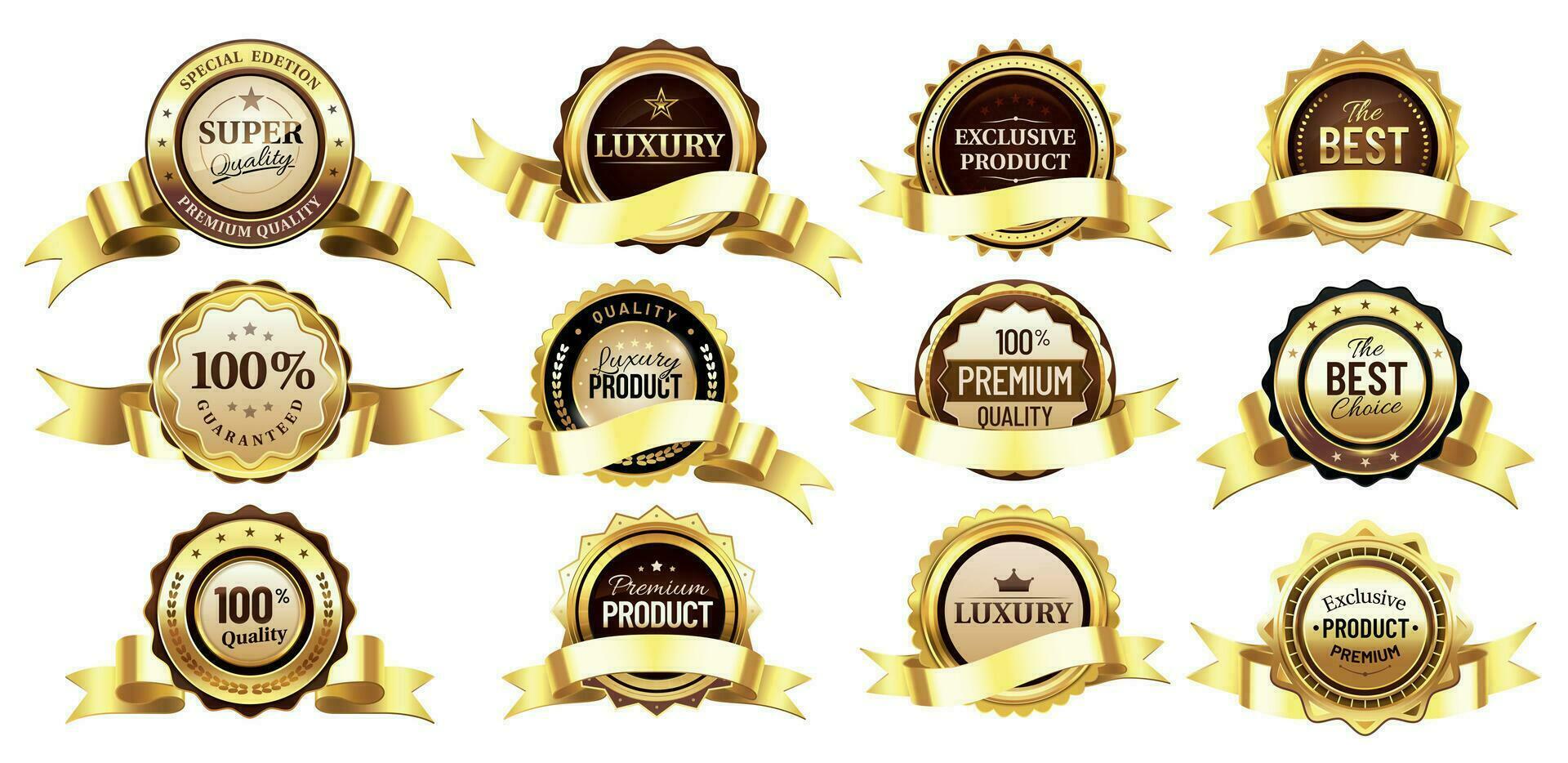 Luxury golden badges with tapes or ribbons. Reward for premium, super quality. Best choice, exclusive product vector
