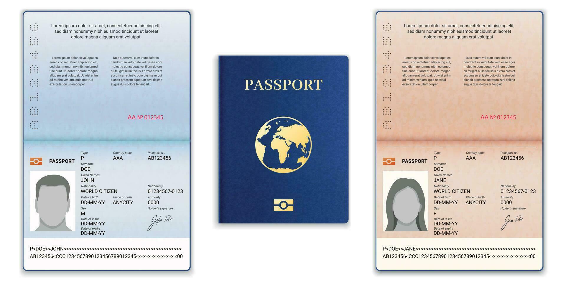 Passport template. International open passport with sample personal data page man and woman document for travel and immigration, vector set