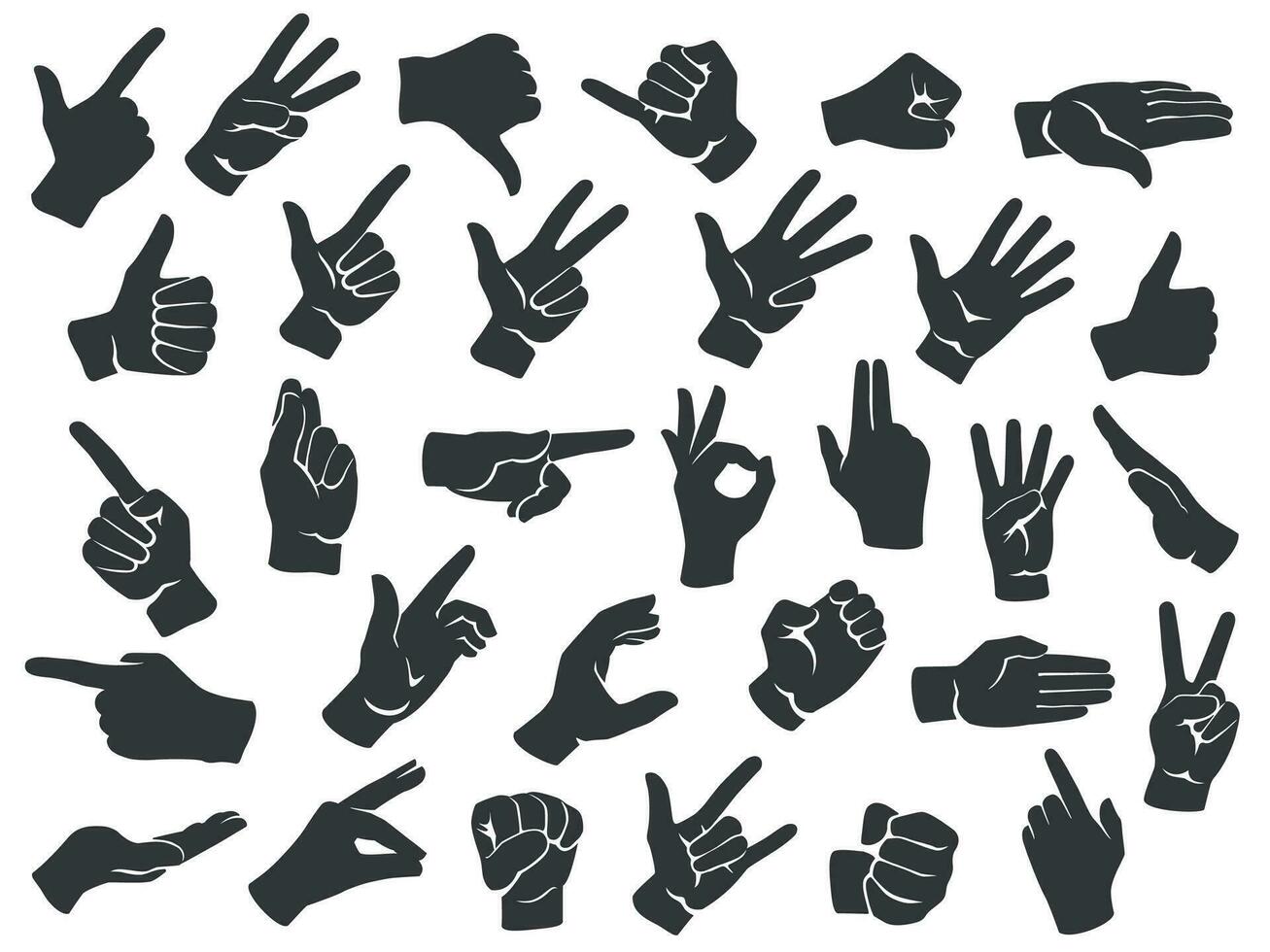 mano gesto silueta iconos hombre manos gestos, señalando dedo y pulgares arriba me gusta icono plantilla vector conjunto